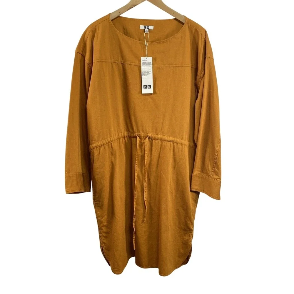 Uniqlo U Dress Womens Small Orange Denim Long Sleeve Drawstring Cotton Pockets